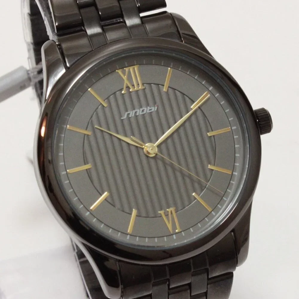 Ladies Classic Quartz Watch Black Textured Dial Gold Tone Indices Roman Numerals